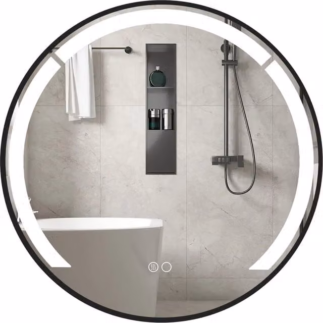 COSTWAY Round Aluminium Framed LED Bathroom Mirror with Dimmable Touch Control in Black, W: 60 cm, H: 60 cm, D: 1 cm