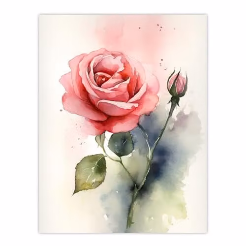 Artery8 Rose Bloom Flower Watercolour Wall Art Print, Green and Pink Floral Paper Poster – 1