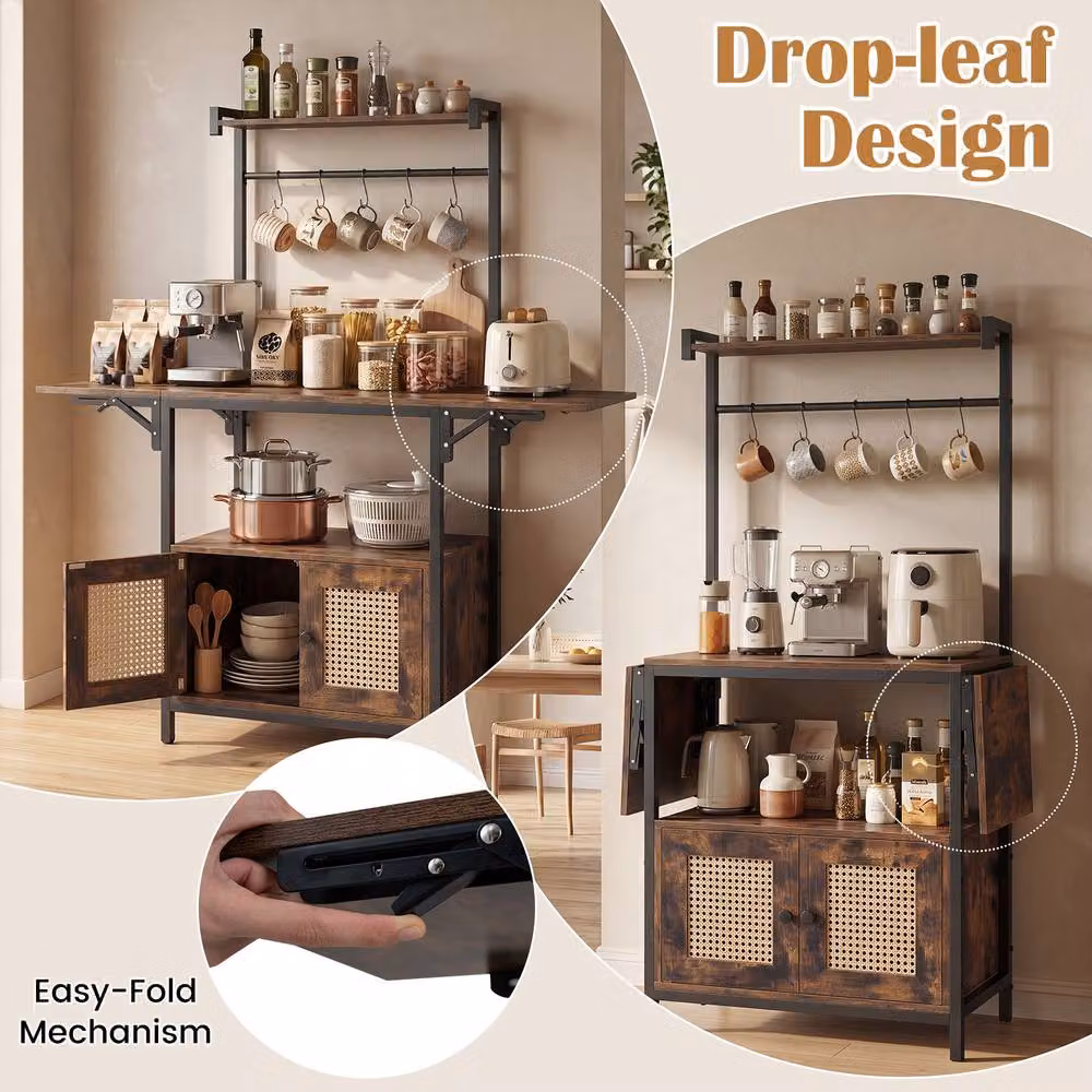 Costway Bakers Rack Microwave Stand with Drop Leaf and Rattan Details in Brown – 6