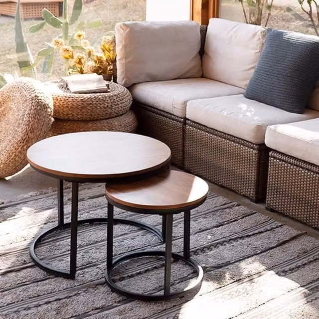Huhote Set of 2 Round Nesting Coffee and Side Tables with Dark Brown Wood Tops and Matt Metal Frames