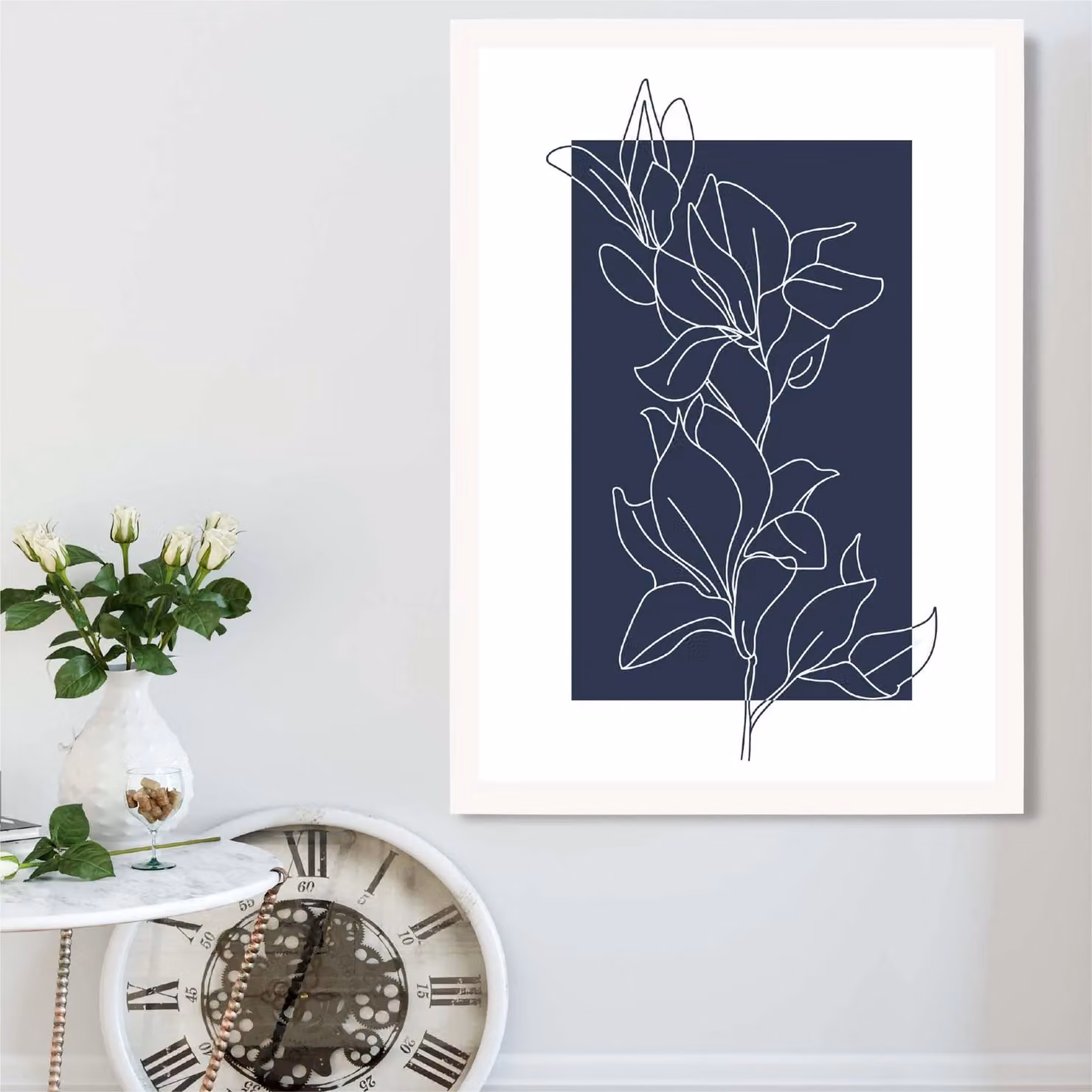 ARTZE Abstract Navy Blue and White Floral Line Art Framed Print, A3 – 2