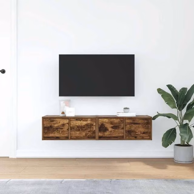 Berkfield Home Set of 2 Smoked Oak TV Cabinets in Brown, W/D/H: 60 x 31 x 25.5 cm