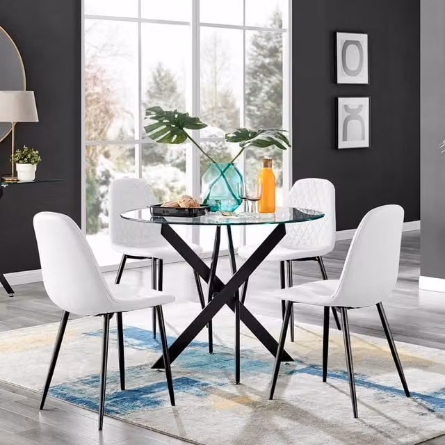 FurnitureboxUK Novara Round Glass Dining Table with Four Corona Chairs in White and Black