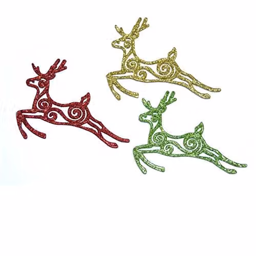 Shatchi 3-Piece Glitter Reindeer and Star Hanging Christmas Tree Ornaments in Red, Green, Gold and Multicolour