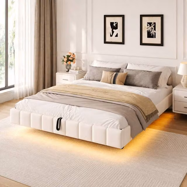 STILVORA Modern Upholstered Double Bed Frame with Hydraulic Lift-Up Storage and LED Under-Bed Lighting in Beige, 140 x 200 cm