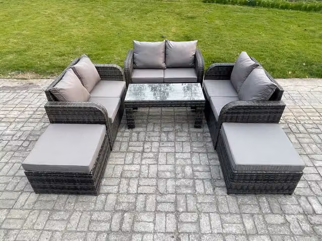 Fimous Rattan Wicker Garden Furniture Set in Dark Grey with Rectangular Coffee Table, Reclining Chair, Love Sofa and 2 Footstools