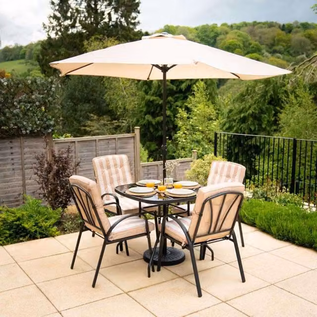 Primrose 4 Seater Garden Furniture Dining Set with Tempered Glass Table and Striped Parasol in Beige and Yellow