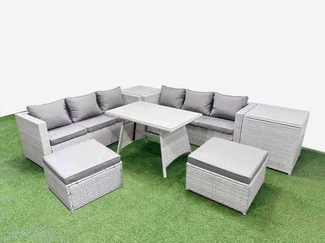 Fimous 8-Seater Patio Set with Rectangular Table, 3-Seater Sofa and 2 Side Tables in Light Grey