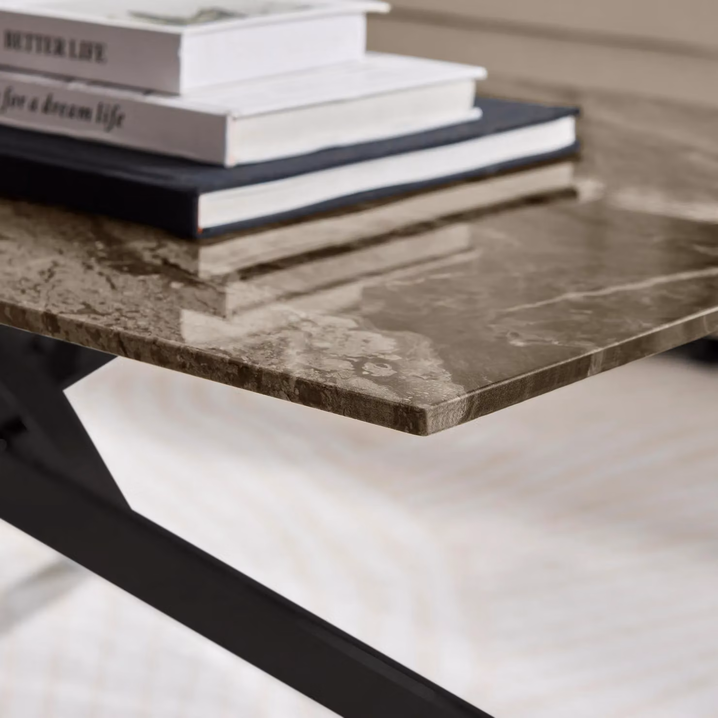 FurnitureboxUK Leonardo Rectangular Marble Effect Glass Top Coffee Table with Black Metal Starburst Legs in Grey – 3