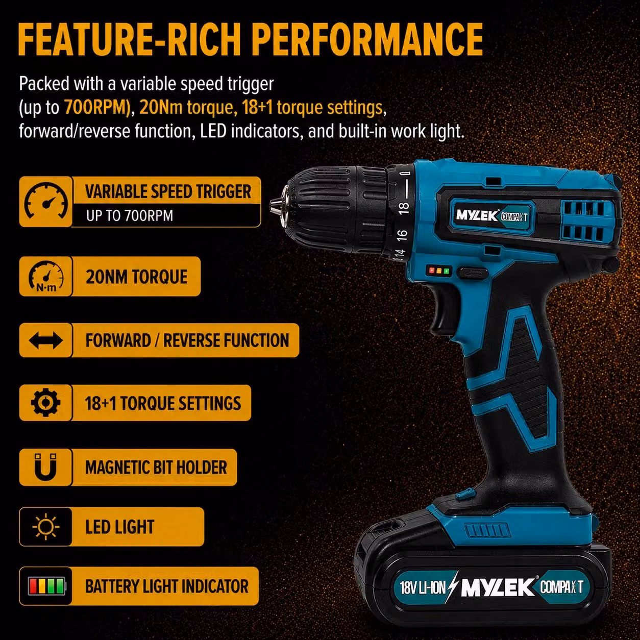 MYLEK 18V Cordless Li-ion Drill and Screwdriver Set with 13 Piece Accessory Kit in Blue – 2