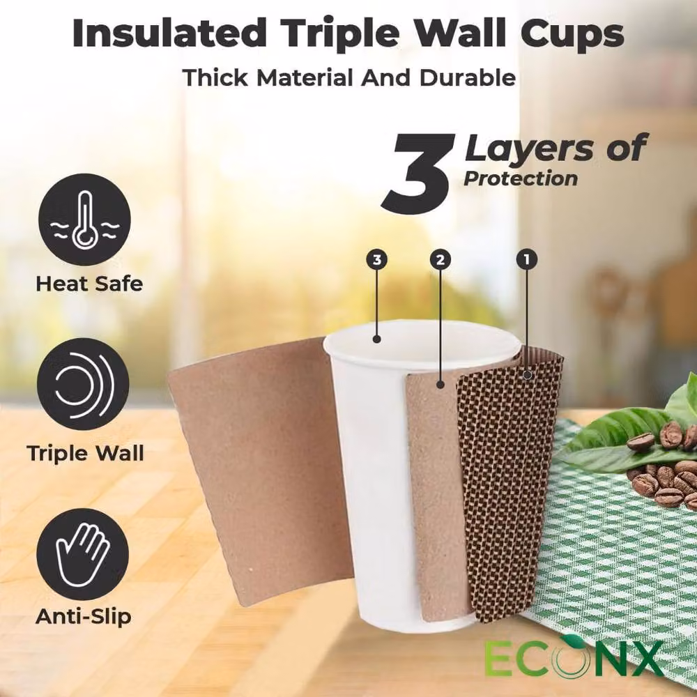 ECONX 12oz Disposable 3PLY Kraft Ripple Paper Coffee Cups in Brown, 50 Pieces – 3