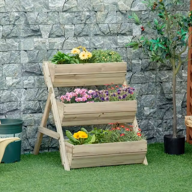 Outsunny 3 Tier Wooden Raised Garden Bed Elevated Planter Box in Green and Brown, W/D/H: 76 x 65 x 23 cm – 1