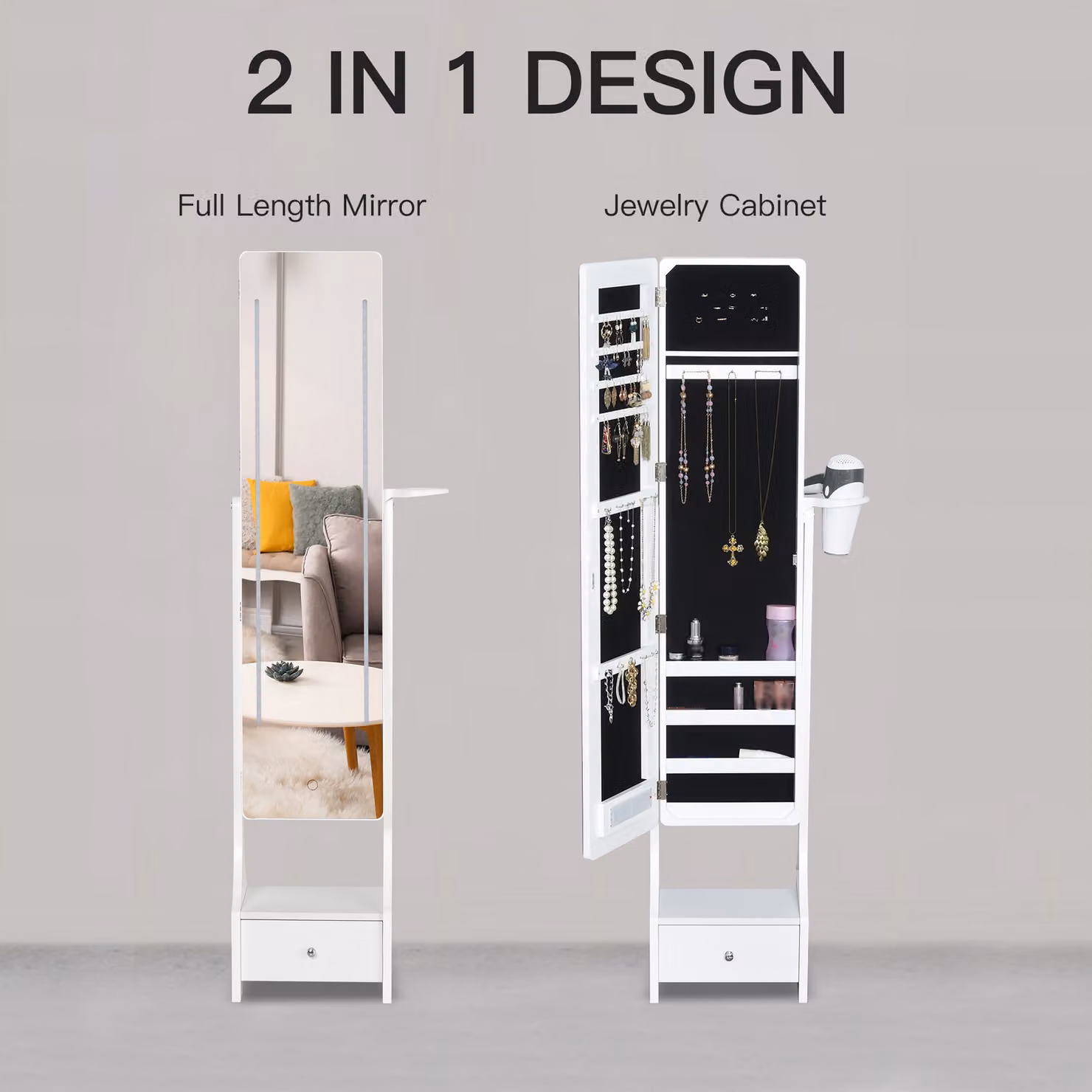 HOMCOM White Freestanding Jewellery Cabinet with Mirror, LED Lights and Internal Shelves, H 158 x W 37 x D 15 cm – 6