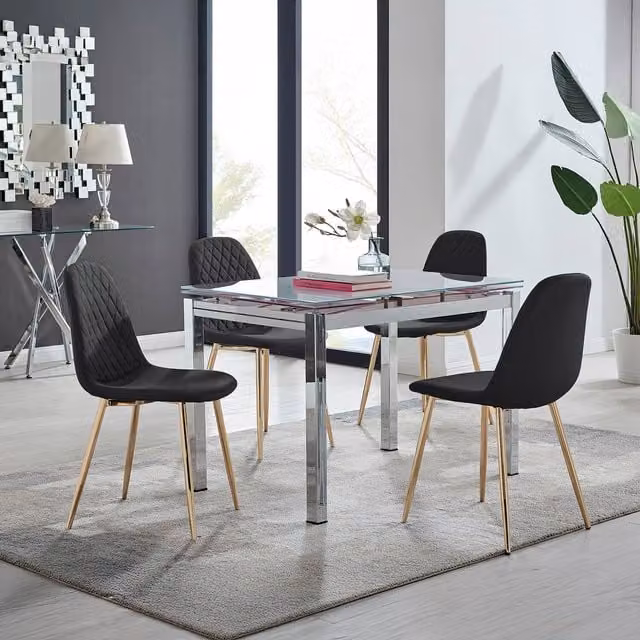 Furniturebox Enna White Glossy Glass Extending Rectangular Dining Table and 4 Corona Gold Leg Chairs in Black