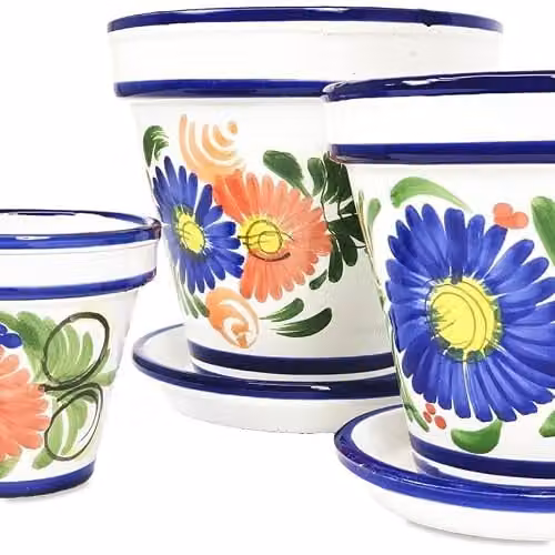 Verano Spanish Ceramics Hand Painted Floral Terracotta Plant Pots with Drainage Plates, Set of 3, Multicolour, W/D/H: 16 x 14 x 23 cm, 23 x 22 x 29 cm, 29 x 27 x 29 cm – 3