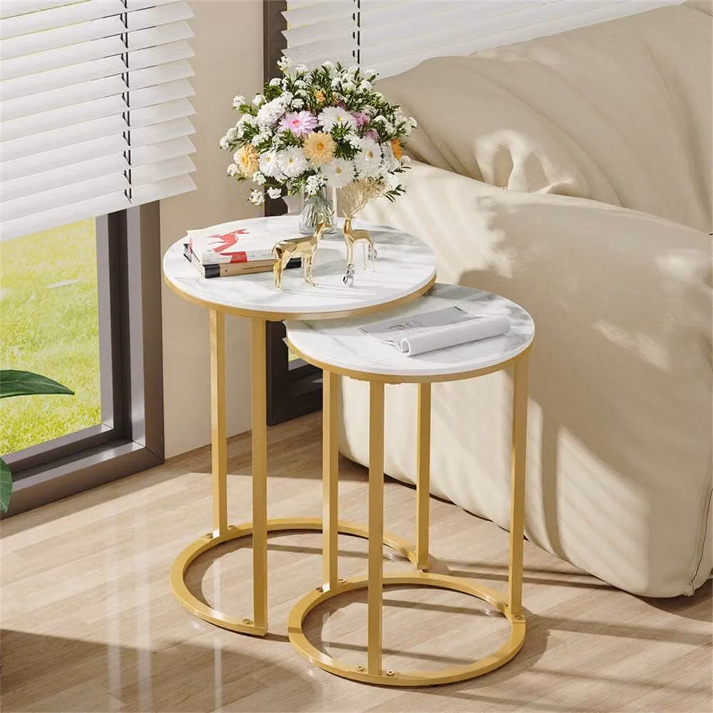 VOGREX Round Nesting Coffee Table with Glossy White Ceramic Marble Effect Stone Tops – 2
