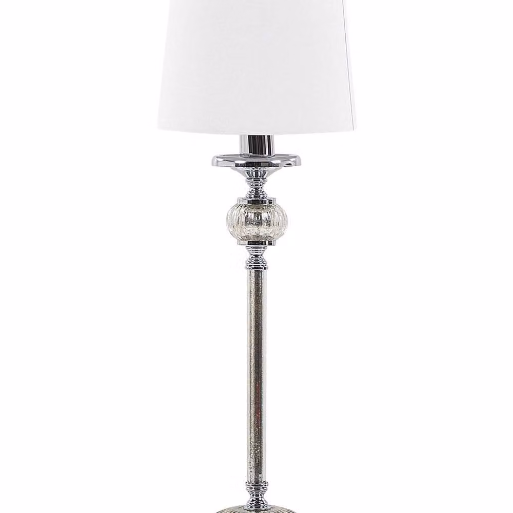 Wyld and Coco Silver Sculpted Table Lamp with White Fabric Empire Shade and Glass Accents – 2