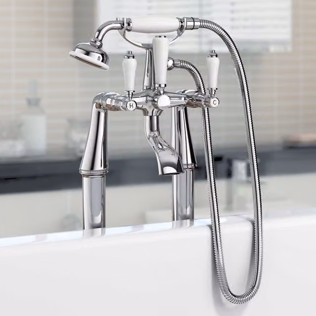 Nes Home Imperior Traditional Freestanding Bath Shower Mixer Tap with Handheld Kit in Silver and Chrome – 1