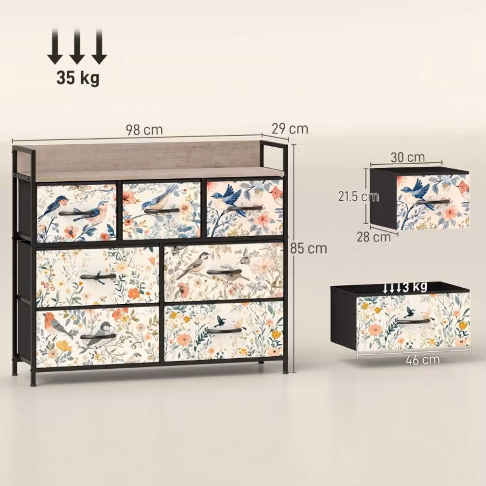STILVORA 7-Drawer Chest of Drawers with Wood-Effect Top in Cream and Beige Floral Design – 3
