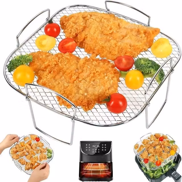 VOGREX Stainless Steel Stackable Square Ninja Air Fryer Rack in Silver