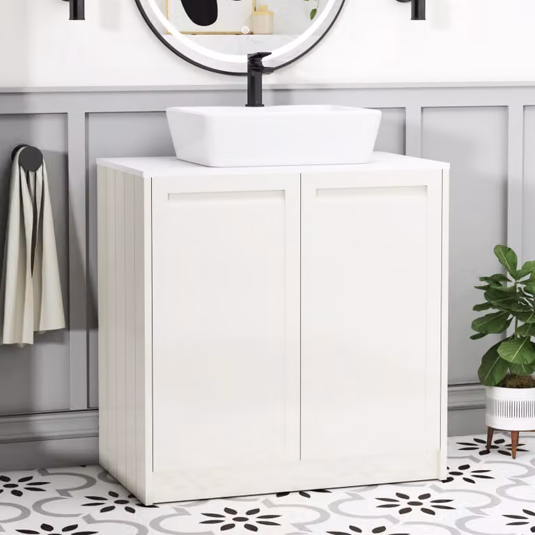 Royal Bathrooms Elmore 800mm Classic White Floor Standing 2 Door Vanity Unit with Cube Basin and Plain White Worktop