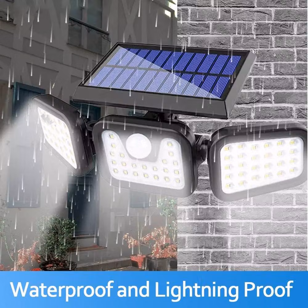 FLAVORA 3-Head 74 LED Solar Powered PIR Motion Sensor Wall Garden Floodlight in Black – 4