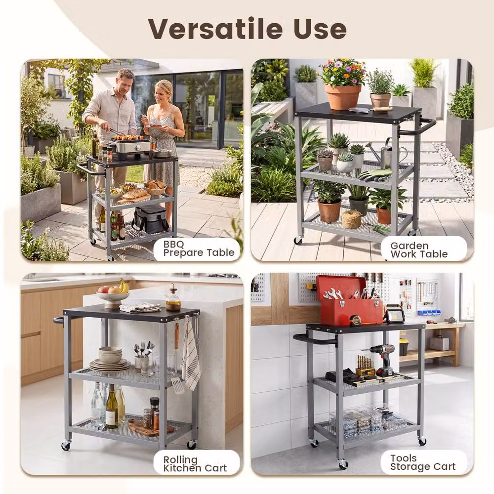 Costway 3-Tier Rolling Metal Kitchen and Garden Utility Cart with 6 Hanging Posts in Silver – 9