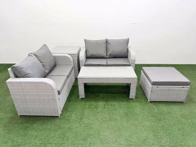 Fimous 5 Seater Rattan Garden Furniture Set in Light Grey with Coffee Table and Ottoman