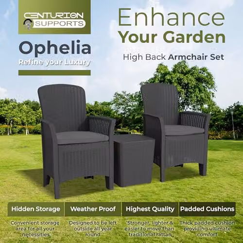 Centurion Supports Ophelia 3-Piece Black PU Rattan Wicker Garden Furniture Set with High Back Armchairs, Side Table and Cushion Storage – 7