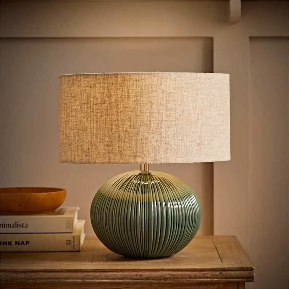 Nordara Ceramic Table Lamp with Ribbed Green Base and Brown Linen Lampshade – 2