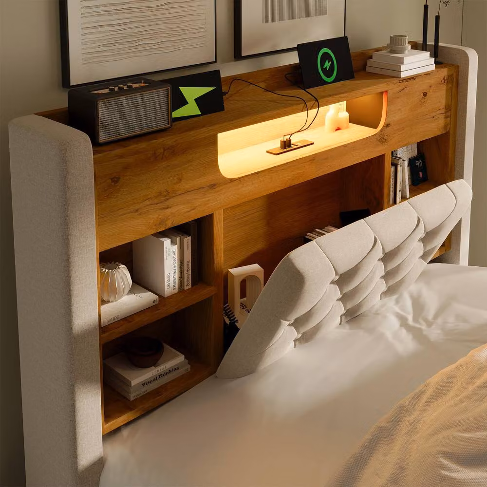 ModernLuxe Ottoman Storage Bed with LED Under-Bed Lighting and Storage Headboard in Beige, W/D/H: 140 x 200 x 115 cm – 7