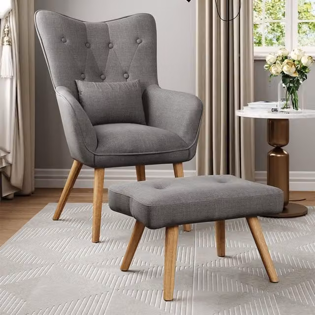 Komore Grey Linen Armchair with Matching Ottoman and Oak Wood Legs