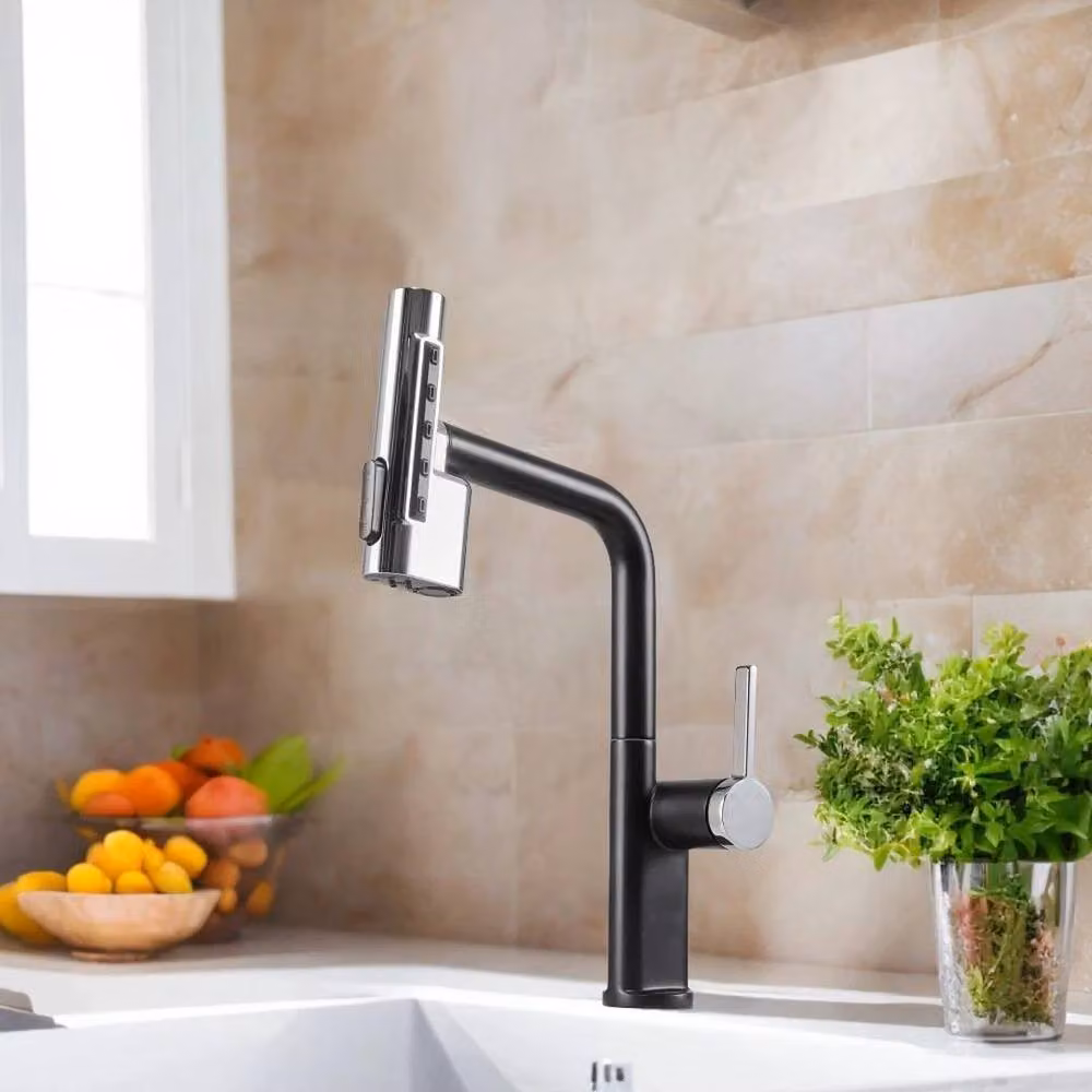 KORVIXA Matt Black Kitchen Sink Mixer Tap with Pull Out Swivel Spout and Spray Function – 4