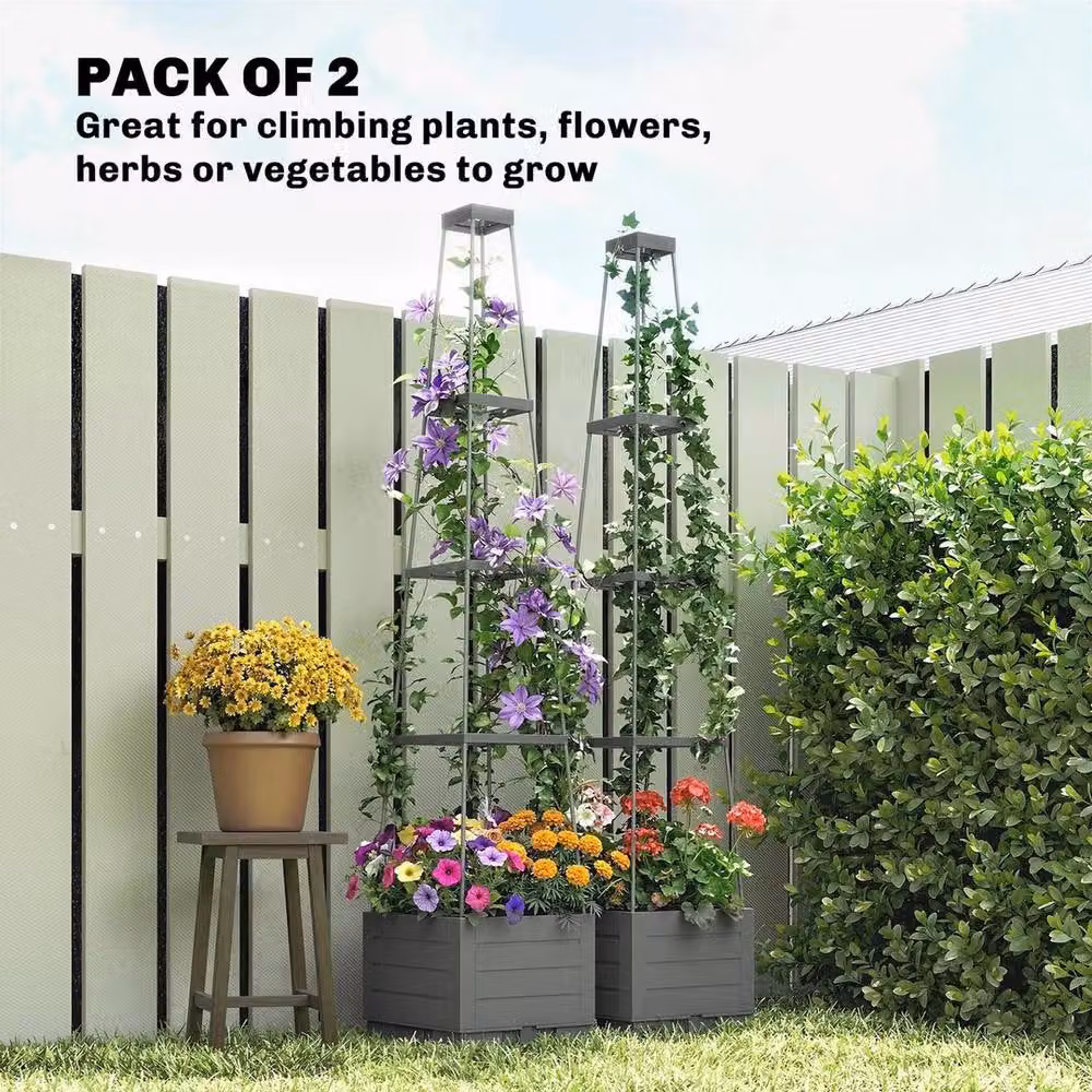NESTLUNE 2 Pack Grey Raised Garden Beds with Trellis and Removable Drainage Trays – 4