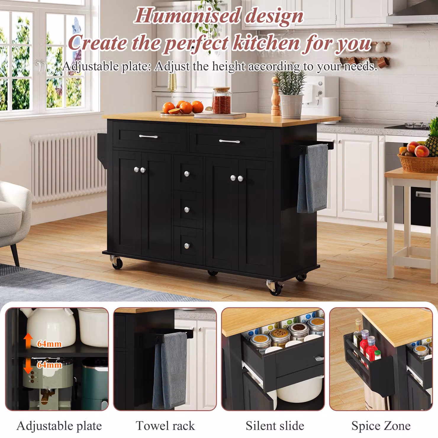 Aosom UK Versatile Kitchen Trolley with Extendable Worktop and 5 Drawers in Black and Natural, W: 65 cm, D: 65 cm, H: 89 cm – 4