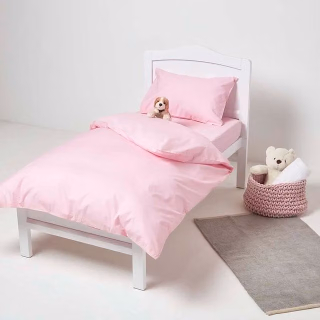 Homescapes Pink Cotton Percale Cot Bed Duvet Cover and Pillowcase Set, 200 TC, Allergy Friendly