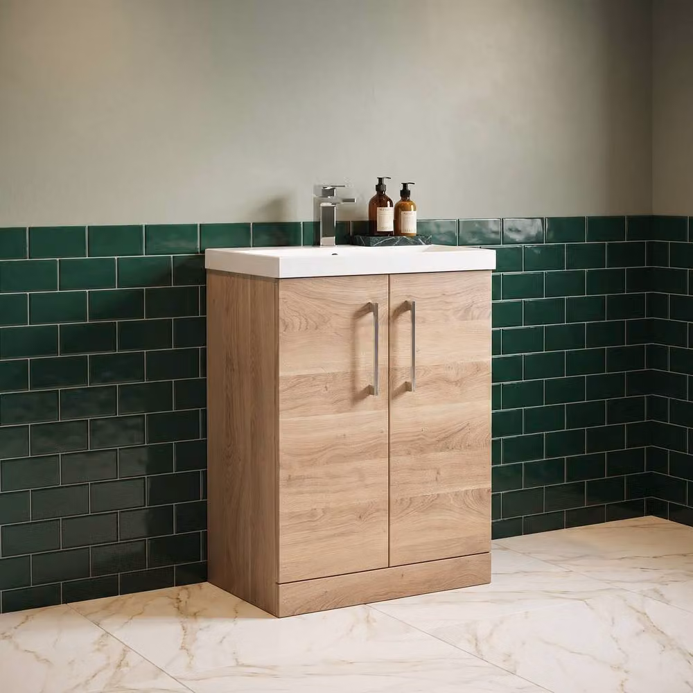 Balterley Modern 2-Door Freestanding Bathroom Vanity and Basin in Brown Oak, W/D/H: 60 x 60 x 85 cm – 2