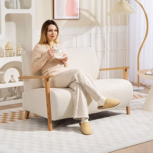 HOMCOM 2 Seater Scandinavian Bouclé Fabric Loveseat in Beige and White