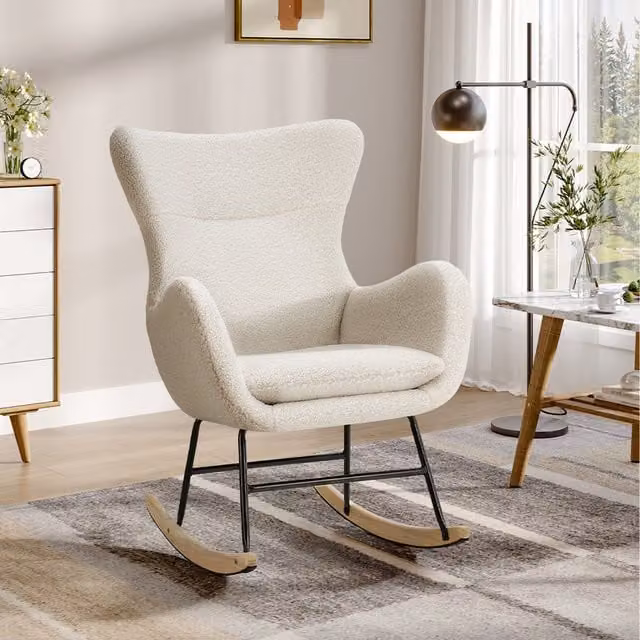 Livingandhome White Bouclé Upholstered Rocking Chair with Armrests and Mid-Century Design