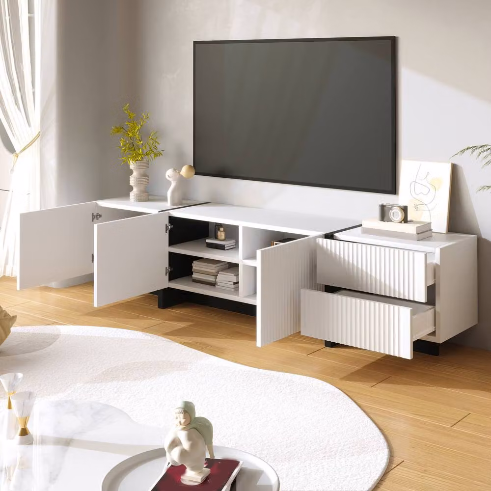 Merax Modern Fluted TV Lowboard in White with 3 Doors and 2 Drawers, W: 190 cm, D: 35 cm, H: 45 cm – 4