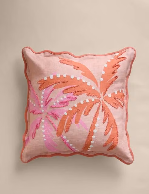 M&S Pink Mix Pure Cotton Palm Embroidered Stain Repellent Outdoor Cushion