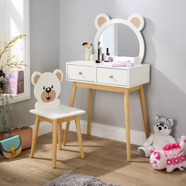 Home Source Ted Kids 2 Drawer Dressing Table Set with Built-In Mirror and Stool in White and Multicolour – 1