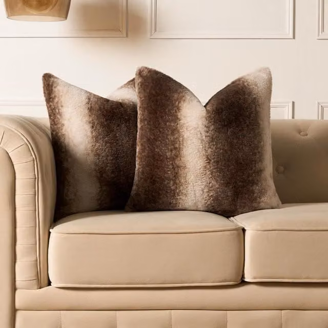 OHS Pack of 2 Brown Faux Fur Striped Square Cushion Covers