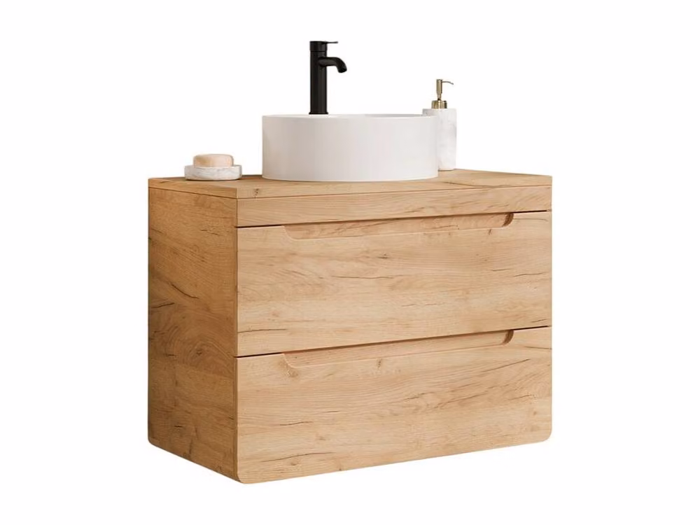 Vente-unique Wall-Mounted Bathroom Vanity Unit with Round Countertop Basin in Light Oak Brown, W: 80 cm, D: 46 cm, H: 59 cm – 2