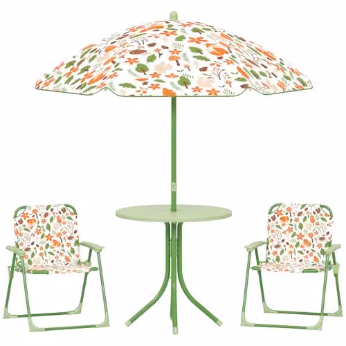 AIYAPLAY Kids Garden Table and Chair Set with Parasol, Green, W/D/H: 50 x 49.5 x 38.5 cm