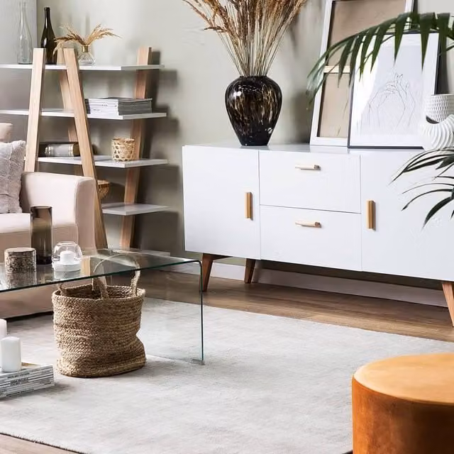 Wyld and Coco Nordic White Sideboard with Oak Legs, featuring 2 Drawers and 2 Cabinets