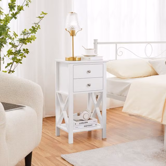 Yaheetech Tall Bedside Table with 2 Drawers and Shelf in White