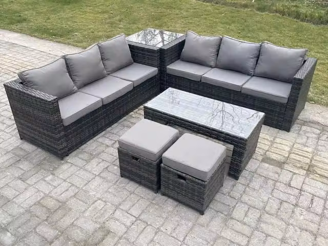 Fimous Dark Grey Rattan Garden Furniture Lounge Sofa Set with Oblong Rectangular Coffee Table