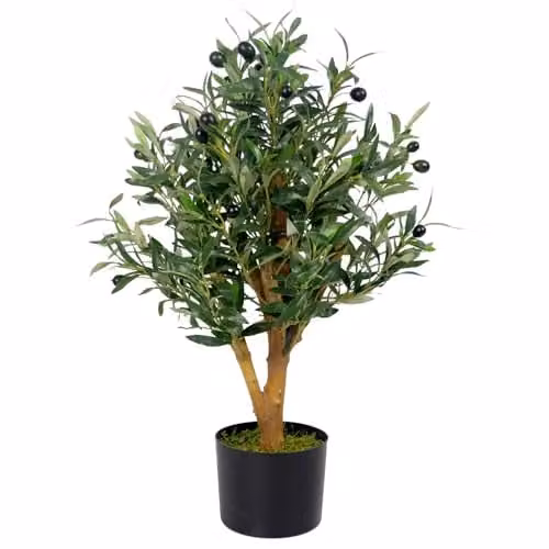 Leaf Luxury Artificial Mediterranean Olive Tree in Green with Black Plastic Pot, Height: 65 cm – 1