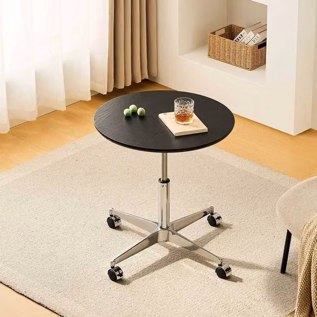 FORGEVIO Round Adjustable Height Coffee Table with MDF Wood Top, Metal Legs and Castors in Black and Multicolour